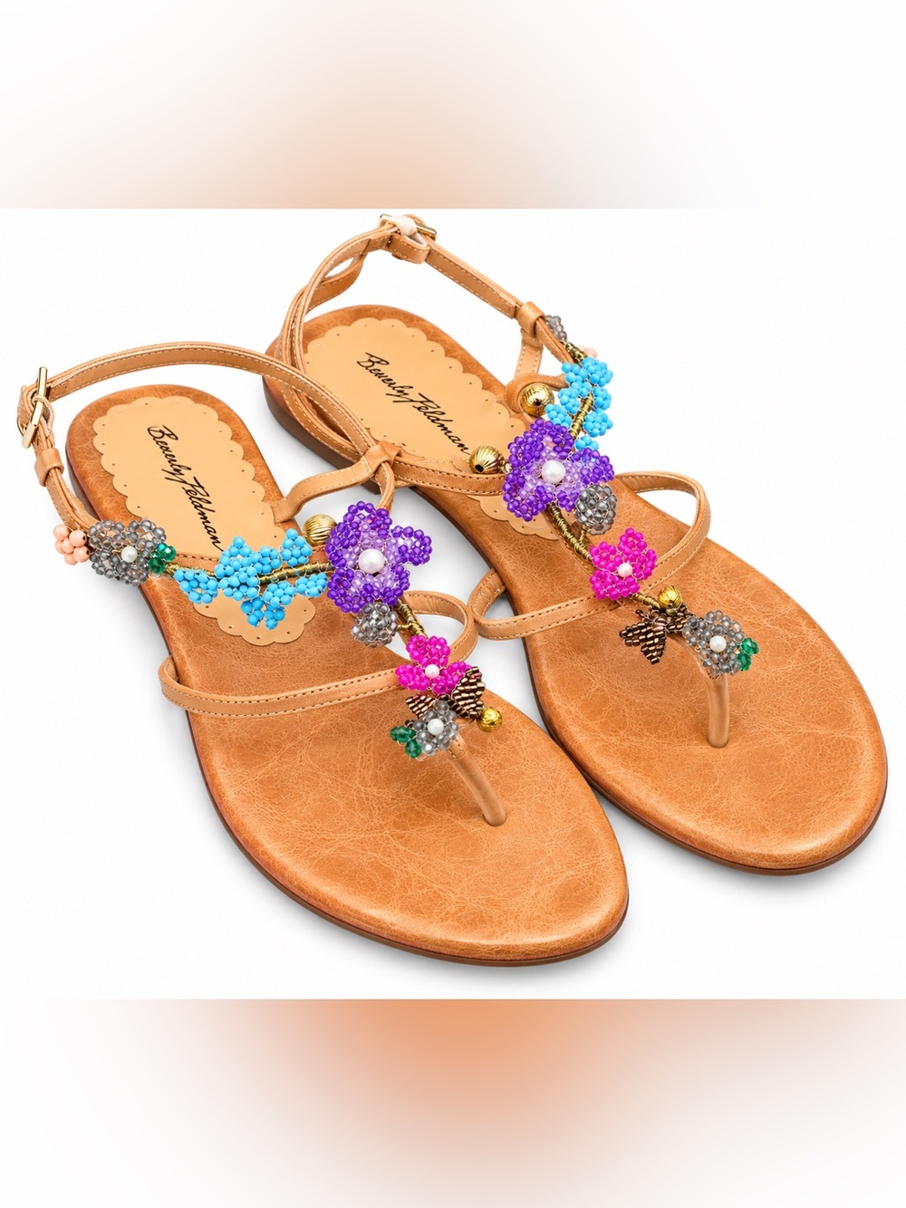 Beverly Feldman Beaded Floral Thong Sandals 8.5 Y2K Boho Fairycore Resortwear